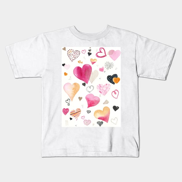 Pretty pink and golden watercolor hearts pattern Kids T-Shirt by Wolshebnaja